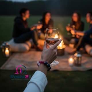 Woman wearing La Nuit en Rosé™ artisan bracelet, holding a glass of wine with friends in the background at night
