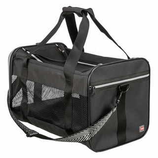 Black pet carrier with mesh sides on a white background