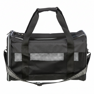 Black duffel bag with mesh panels on a white background