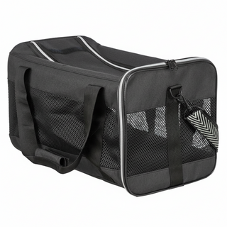Black pet carrier with mesh sides on a white background