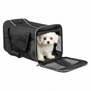 Black pet carrier with a white dog inside on a white background