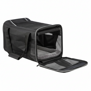 Black pet carrier with open lid on a white background