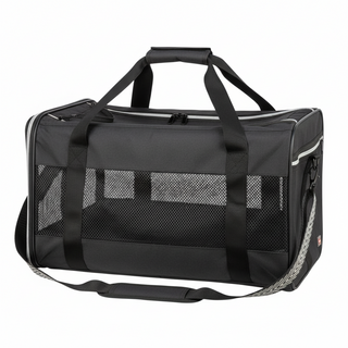 Black pet carrier with mesh sides on a white background