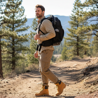 Man hiking on a trail with mountains and trees in the background