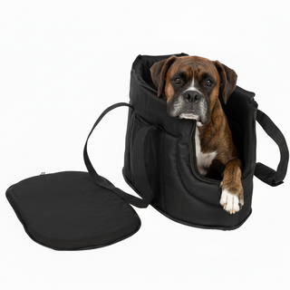 Black pet carrier with a seat pad on a white background
