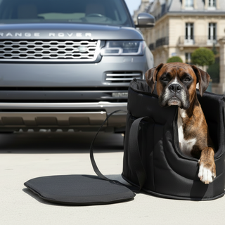 Dog in a pet carrier in front of a Range Rover vehicle