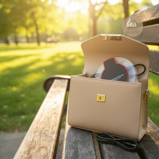 AURA™ Wireless Charger tucked inside an open beige leather bag on a park bench in warm golden sunlight