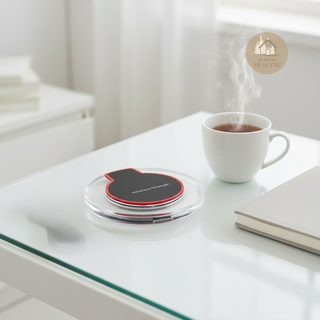 AURA™ Wireless Charger on a white glass desk beside a steaming cup of tea and a notebook, bright minimal interior