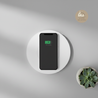 AURA™ Wireless Charger seen from above with a charging smartphone, next to a small succulent on a soft grey surface