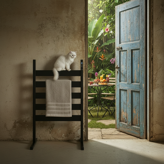 Cat on AUREA™ Electric Heated Towel Rail – 5 Bars standing with a garden view through an open door