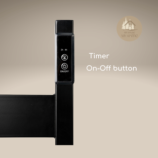 Black timer on-off button of the AUREA™ Electric Heated Towel Rail – 5 Bars with brand logo MyHouseMyHome on a beige background