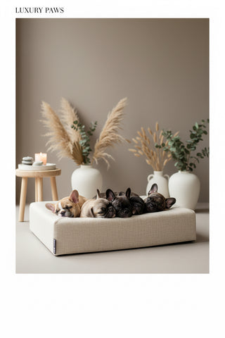 Five small dogs lying on a white dog bed in a room with curtains and a basket.