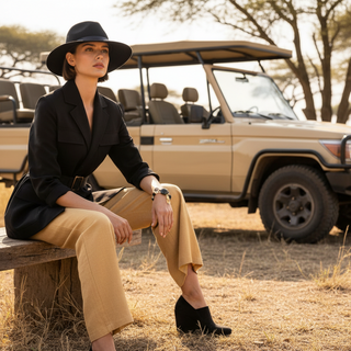 Woman wearing Black Zebra bracelet in safari-themed lifestyle photography