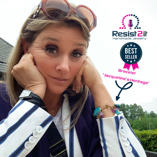 Designer Jules of Resist2it wearing Jacqueline's Heritage turquoise and amethyst bracelet