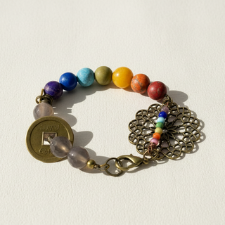Close-up of multicolor natural stone chakra beads in Chakra Explosion bracelet, showing vibrant rainbow energy tones