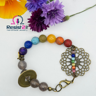 Chakra Explosion handmade chakra bracelet with rainbow natural stones and antique brass elements by Resist2it