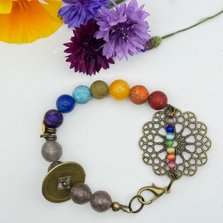 Chakra Explosion handcrafted chakra bracelet for ladies with rainbow natural stones and antique brass elements by Resist2it