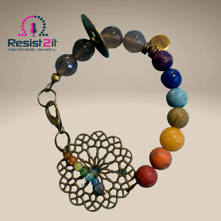 Handcrafted Chakra bracelet for ladies with gemstones, lucky coin and mandala connector with charm Resist2it