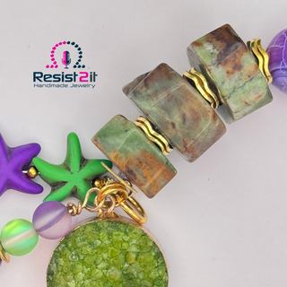 Chunky colorful gemstone statement bracelet with druzy crystal and gold accents