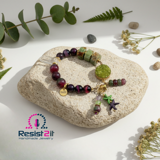 Handmade Chunky™ statement bracelet with druzy connector and mixed gemstones, featuring the Resist2it Handmade Jewelry logo