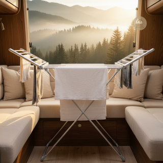 DRYFLY™ – Foldable electric drying rack / clothes dryer with wings, touchscreen, timer, and temperature control in a caravan