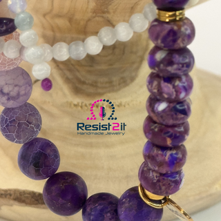 Close-up of Mixed Feelings bracelet showing contrast between dark purple jasper and light agate beads — handmade by Jewelry by Jules
