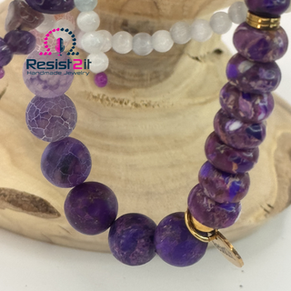 Mixed Feelings™ bracelet detail with natural beads and gemstones on wood, handcrafted in Belgium by Jewelry by Jules