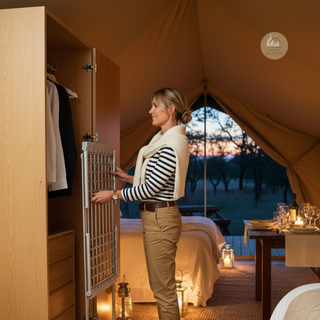 Woman storing the DRYFLY™ – Foldable electric drying rack in a tented accommodation with a wardrobe and outdoor view.