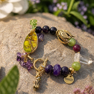 Purple and lime colored beaded gemstone bracelet Bright Tulip with gold charms on a stone surface with flowers in the background