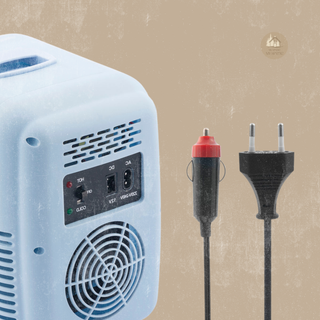 Blue FRESCA™ Mini-beauty Fridge with a power cord and plug on a beige background
