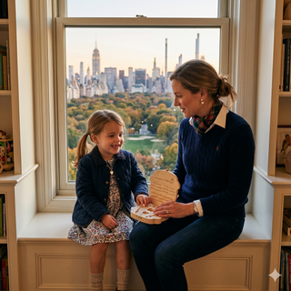 Woman and young girl sitting by a window with a cityscape view, holding a wooden TOOTHFAIRY™ BABY MEMORY BOX