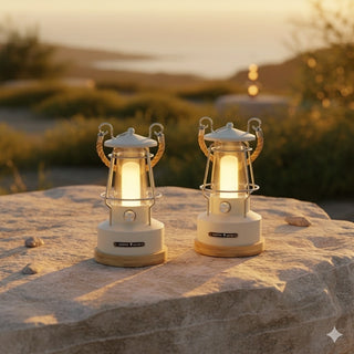 Golden Hour LED Lantern Set™on a rock with a scenic background during the golden hour
