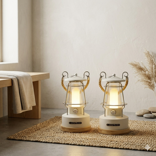 Golden Hour LED Lantern Set™ on a woven mat with a neutral background