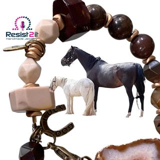 Handmade equstrian bracelet natural stone for horse lover with two horses in the middle. 