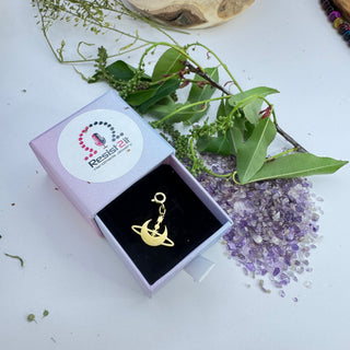Jules’ Inner Orbit Charm™ in a box with a Realsi21 logo, surrounded by green leaves and purple crystals on a white background.