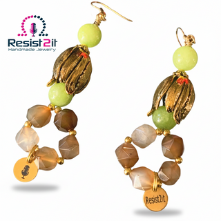 Colorful beaded earrings with gold accents on a white background, featuring the Resist2it brand.