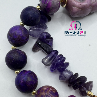 Detail of Violet Duality™ handmade amethyst bracelet  showing amethyst chips and purple agate beads
