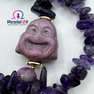 Violet Duality™ handmade amethyst bracelet with purple beads and a face-shaped connector, featuring Resist2it Handmade Jewelry brand