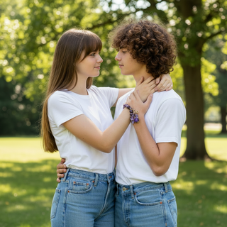 Young couple embracing in a park with trees and grass in the background, showing the PURPLE TIDES™ bracelet on her arm.