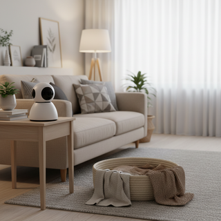 Smart SILENT WATCH™ HD Pet Camera  on a table in a living room with a couch and plants.