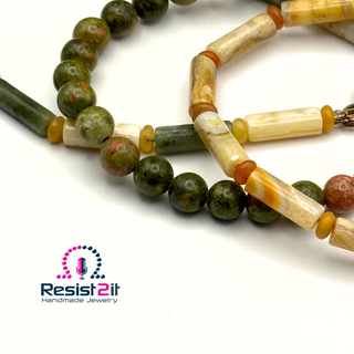 Men’s grounded style natural stone bracelet set quiet luxury jewelry, featuring the Resist2it logo.