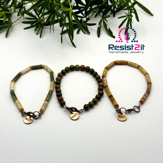 EARTH ANCHOR men’s bracelet set with 3 handcrafted bracelets; unakite; agate and aventurine. All bracelets have a Resist2it charm.