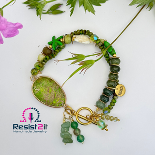 Jungle Fever green gemstone bracelet with gaspeite connector and gold toggle clasp featuring Resist2it brand