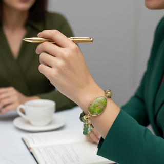 Person holding a gold pen with the green gemstone bracelet Jungle Fever, sitting at a table with a cup of coffee.