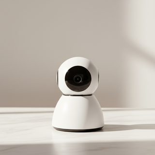 White security camera on a light wooden surface with a neutral background