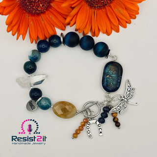 Silver Moon Dragonfly handcrafted bracelet with blue cat's eye, citrine, tiger's eye and crystal beads
