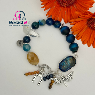 Silver Moon Dragonfly handcrafted bracelet with blue cat's eye, citrine, tiger's eye and crystal beads