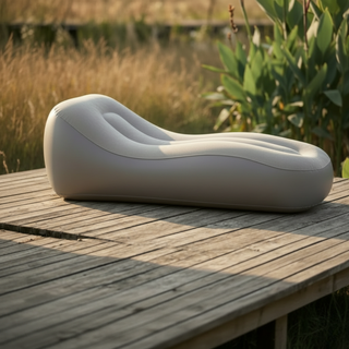 Inflatable outdoor lounger in neutral beige placed on a wooden deck in a natural setting — Sun Drift Lounger™