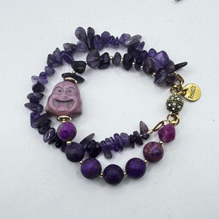 Double Violet Duality™ handmade amethyst bracelet with a pink Buddha charm