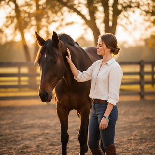 Woman standing next to a horse in an outdoor setting wearing a blue bracelet 